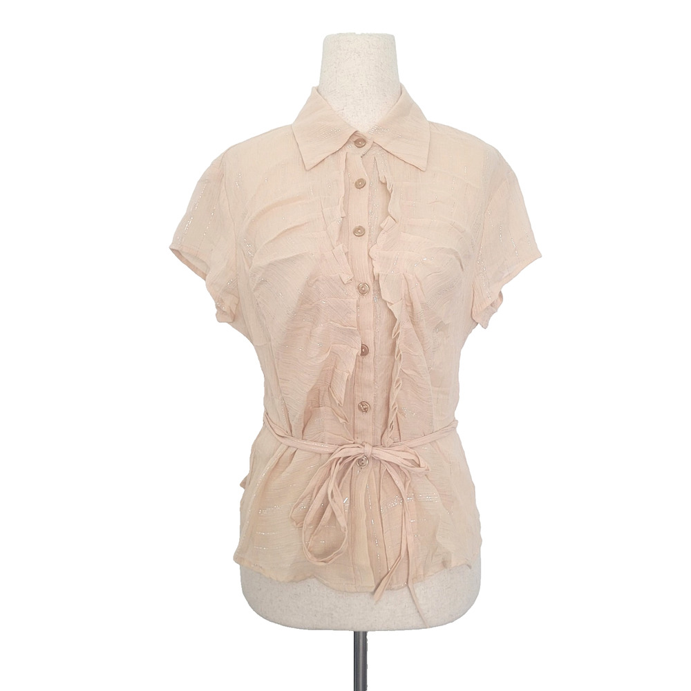 Vintage Sheer Shimmer Ruffle Trim Button Up Top Size L Beige Preppy Boho Chic